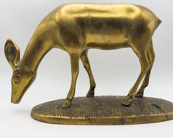 Vintage Mid-Century Brass Grazing Deer Statue - Large Solid Brass Doe Figurine - MCM Heavy Brass Deer Sculpture