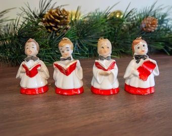 Set of 4 Christmas Choir Boy Ceramic Bell Ornaments, 1940's Japan Singing Choir Boy Figurine Ornaments, Collectible Vintage Christmas Decor