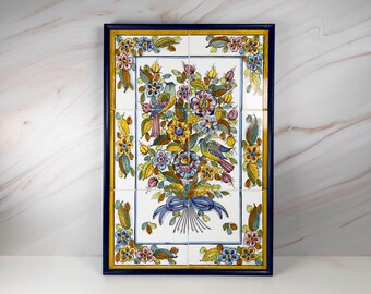 Vintage Birds & Flowers Hand Painted Ceramic Tile Mural