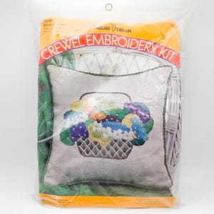 Vintage Unopened NOS &quot;Basket of Fruit&quot; Pauline Denham Crewel Embroidery Pillow Kit from 1973, Vintage Crewel Pillow Embroidery Kit