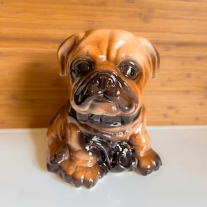 Vintage Ceramic Pug Dog Figurine with Pipe – Mid-Century Bulldog Statue – Gifts for Pug or Bulldog Lovers