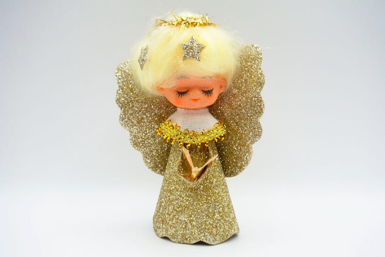 Kitschy 1960's Gold Angel Tree Topper, Cute Vintage Christmas Decor