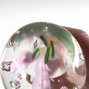 May include: A clear glass paperweight with a pink flower and green stems encased inside. The paperweight is round with air bubbles throughout. The flower has delicate petals and is centered within the glass sphere.
