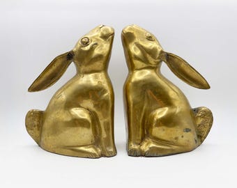 Solid Brass Bunny Rabbit Bookends – Mid-Century Brass Animal Bookends for Bookshelf – Vintage Gold MCM Brass Home Decor