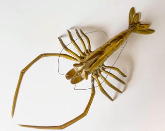 Vintage Brass Crawfish or Crawdad Sculpture - Nautical Coastal Decor - Mid-Century Beach House Decor