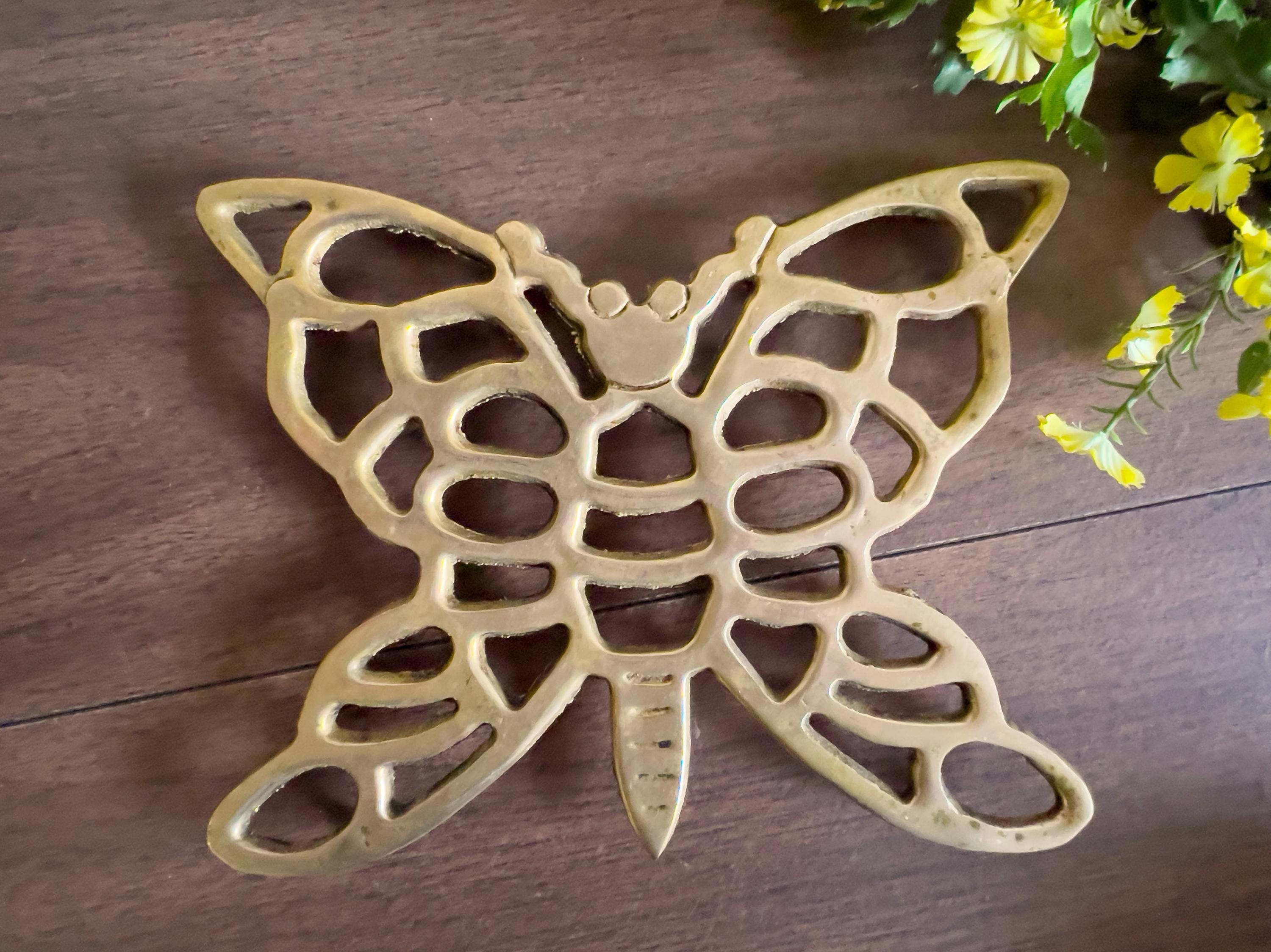 Vintage Brass Butterfly Trivet, Mid-Century Filigree Brass Decor, Retro Boho Kitchen Accessory or Wall Art