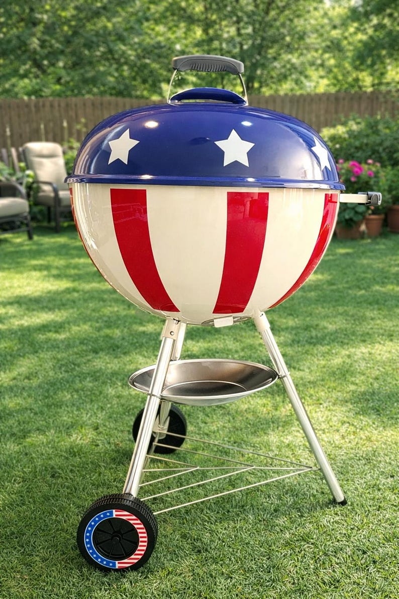May include: A red, white, and blue outdoor grill with a domed lid featuring white stars on a blue background. The grill has a patriotic design with red stripes and a chrome-colored base and wheels. Perfect for outdoor cooking.