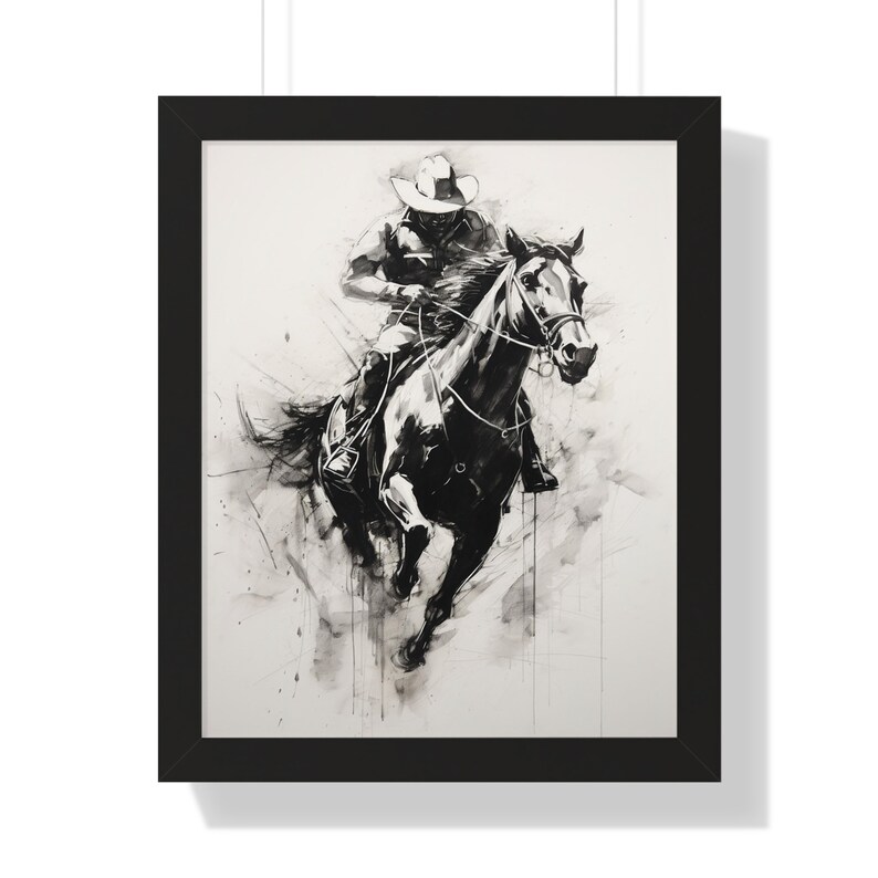 Cowboy Running Horse Drawing Framed Art Print Western Horse Wall Art