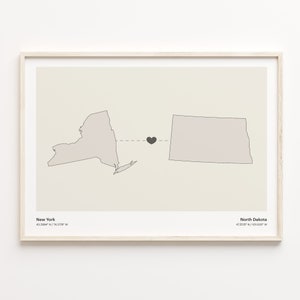 New York to North Dakota Print, Nord Dakota Geschenk, Minimalistische Verbindung Map Poster, Reise-Wandkunst, kontinentale Liebe, C21-1379