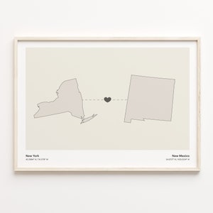 New York to New Mexico Druck, New Mexican Geschenk, Minimalistische Verbindung Karte Poster, Reise Wandkunst, Abschied Reise, C21-1383