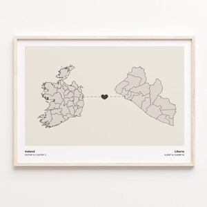 Ireland to Liberia Print, Basotho Gift, Minimalistic Country Connection Map Poster, Travel Wall Art, Travel Abroad Map, C21-1098