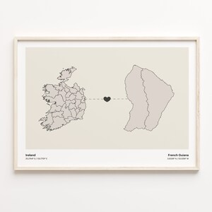 Druck von Irland nach Französisch-Guayana, Geschenk für Guyana, minimalistisches Landverbindungskarten-Poster, Reise-Wandkunst, Studium im Ausland, C21-1057