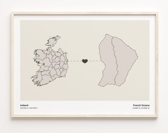 Ireland to French Guiana Print, Guianese Gift, Minimalistic Country Connection Map Poster, Travel Wall Art, Study Abroad, C21-1057