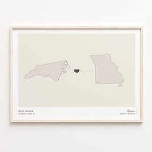 North Carolina to Missouri Print, Missourian Gift, Minimalistic State Connection Map Poster, Travel Wall Art, Travel Map, C21-1635