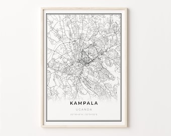 Kampala Uganda Map Print: Modern Black and White Wall Art