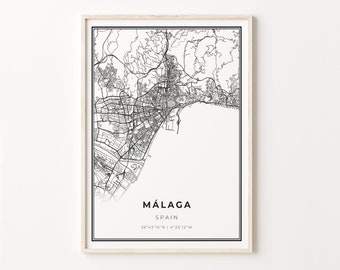 Málaga Print, City Map Art Poster, Malaga Spain, Wall Art Decor, Modern Black and White Style, Scandinavian Decor, C13-874