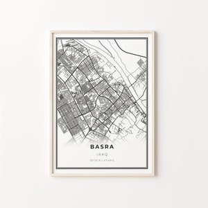 Basra Print, Stadt Karte Kunst Poster, Irak, Wand Kunst Dekor, Modern Black and White Style, Schlafzimmer Geschenke, C13-434
