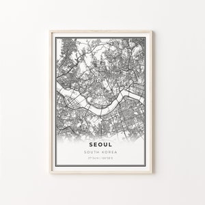 Impressão de Seul, pôster de arte de mapa da cidade, Coreia do Sul, decoração de arte de parede, estilo moderno em preto e branco, ideias para presentes de escritório, C13-632