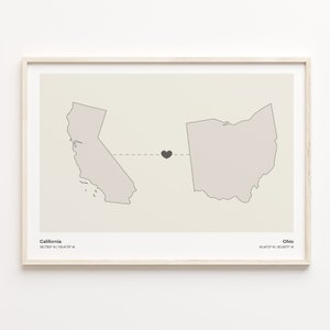 California to Ohio Print, Ohioan Geschenk, Minimalistische US Bundesstaat Verbindungskarte Poster, Reise Wandkunst, Abschiedskarte, C21-1230