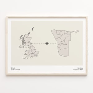 Britain to Namibia Print, Namibia Geschenk, Minimalistische Landkarte Poster, Vereinigtes Königreich Kunst, Länder Herzkarte, C21-327