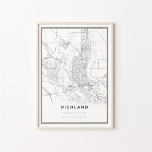 Richland Print, City Map Art Poster, Washington WA USA, Wall Art Decor, Modern Black and White Style, Bedroom Decor, C13-376