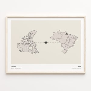 Canada to Brasilien Print, Brasilien Geschenk, Minimalistische Landkarte Poster, Reisewandkunst, Länder Herz, C21-622