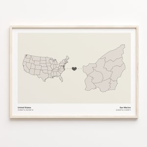 USA to San Marino Print, Sammarinese Geschenk, Minimalistische Landkarte Poster, USA Wandkunst, Freundschaftskarte, C21-156