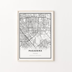 Impresión de Pasadena, cartel de arte del mapa de la ciudad, Texas TX USA, decoración de arte de pared, estilo moderno en blanco y negro, arte de oficina, C13-106