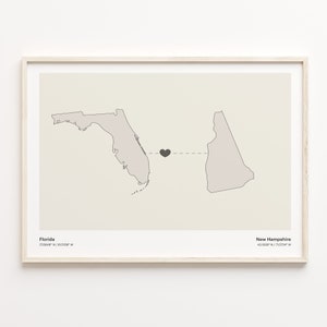 Florida naar New Hampshire print, New Hampshirite gift, minimalistische State Connection kaart poster, reizen kunst aan de muur, afscheidskaart, C21-1329