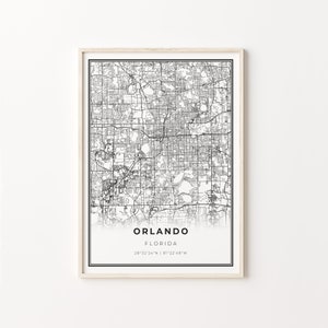 Impressão de Orlando, pôster artístico de mapa da cidade, Flórida FL EUA, decoração de arte de parede, estilo moderno preto e branco, parede de galeria de escritório, C13-350