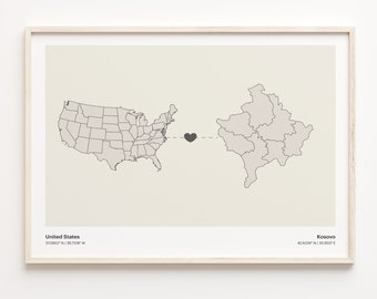 United States to Kosovo Print, Kosovar Gift, Minimalistic Country Connection Map Poster, USA Wall Art, Farewell Journey Map, C21-97