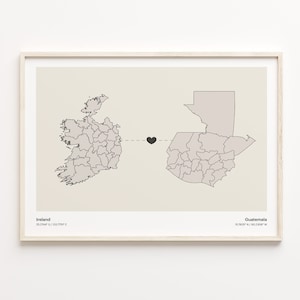 Impresión de Irlanda a Guatemala, regalo guatemalteco, cartel minimalista del mapa de conexión del país, arte de la pared de viaje, mapa del año sabático, C21-1068