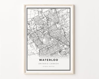 Waterloo Ontario Map Print: Modern Black and White City Art