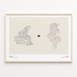 Canada to Tunisia Print, Trinidadian Gift, Minimalistic Country Connection Map Poster, Travel Wall Art, Cultural Roots Map, C21-780