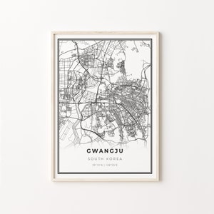 Gwangju City Map Print: Modern Black and White Wall Art