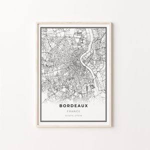 Impresión de Burdeos, cartel de arte del mapa de la ciudad, Francia, decoración de arte de la pared, estilo moderno en blanco y negro, regalo College Boy, C13-741