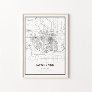 Lawrence Kansas Map Art Print: Modern Black and White City Poster