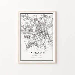 Impression de Marrakech, affiche d'art de carte de ville, Maroc, décor d'art de mur, modèle noir et blanc moderne, carte de ville de, C13-615