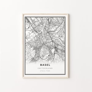 Impressão de Basileia, pôster de arte de mapa da cidade, Suíça Basileia Suíça, decoração de arte de parede, estilo moderno em preto e branco, itens de escritório, C13-641