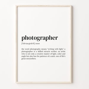 Impression de définition de photographe, affiche de dictionnaire, citation d’art mural, art pour photographe, cadeau d’amateur de photos, cadeau de photographe, C17-343