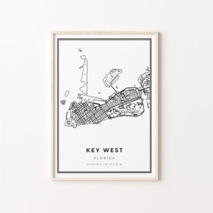 Key West Print, City Map Art Poster, Florida FL USA, Wall Art Decor, Moderne Zwart-Wit Stijl, Cadeau voor een nieuw huis, C13-211