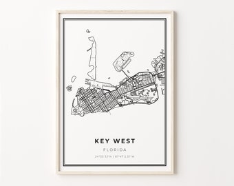 Key West Map Print: Modern Black and White City Art