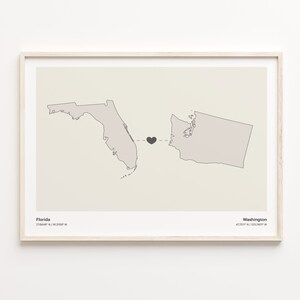 Florida naar Washington Print, Washingtonian Gift, Minimalistische State Connection Map Poster, Travel Wall Art, Relatiekaart, C21-1347