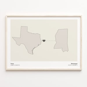 May include: A map of Texas and Mississippi with a heart drawn between them. The text "Texas 31.9686° N / 98.5016° W" is below the map of Texas. The text "Mississippi 32.3547° N / 89.3885° W" is below the map of Mississippi.
