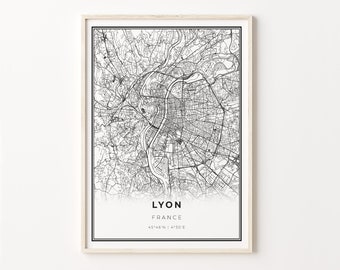 Lyon France Map Print: Modern Black and White Wall Art