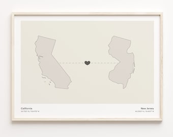 California to New Jersey Map Print: Minimalist State Connection Art
