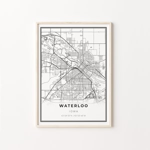 Waterloo Print, City Map Art Poster, Iowa IA USA, Wall Art Decor, Modern Black and White Style, Livingroom Wall Art, C13-77