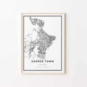 George Town Print, City Map Art Poster, Penang Malaysia, Wall Art Decor, Modern Black and White Style, Office Room Decor, C13-410