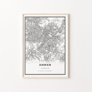 Impressão de Amã, pôster artístico de mapa da cidade, Jordânia, decoração de arte de parede, estilo moderno preto e branco, decoração de cozinha para presente, C13-834