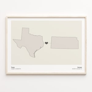 Texas to Kansas Druck, Kansan Geschenk, Minimalistische Verbindungskarte Poster, Reise Wandkunst, Live im Ausland Karte, C21-1263